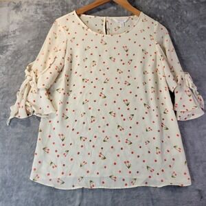 Lauren Conrad Womens XS Ivory‎ Cherry Print Tie Sleeve Blouse Feminine Casual